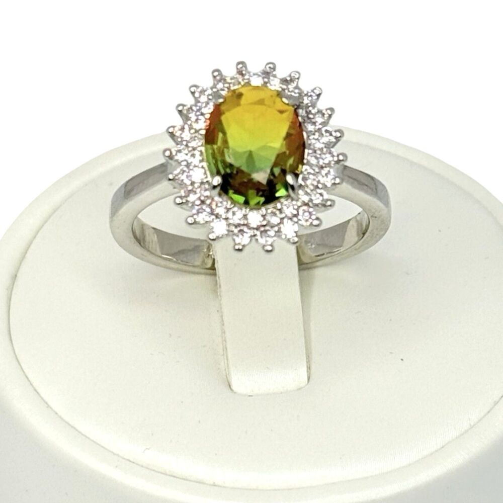 Icy Watermelon Peridot Halo Flower Ring Sz 10 Bicolor Rhodium Plated Hombre Pret